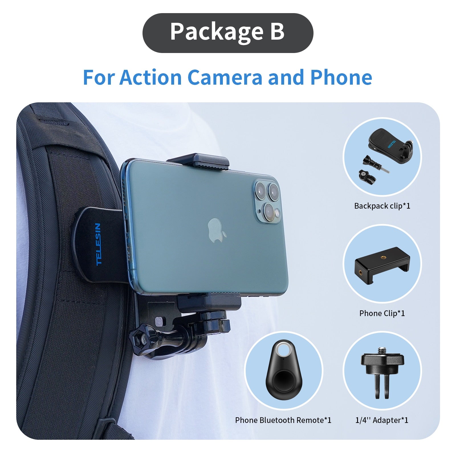 TELESIN For GoPro Hero 11 10 9 8 7 6 Backpack Clip 360 Rotary Clip Mount for Osmo Action Xiaoyi Insta360 X2 ONE R Action Carema Photo Mounting Supplies DailyAlertDeals For Camera And Phone China