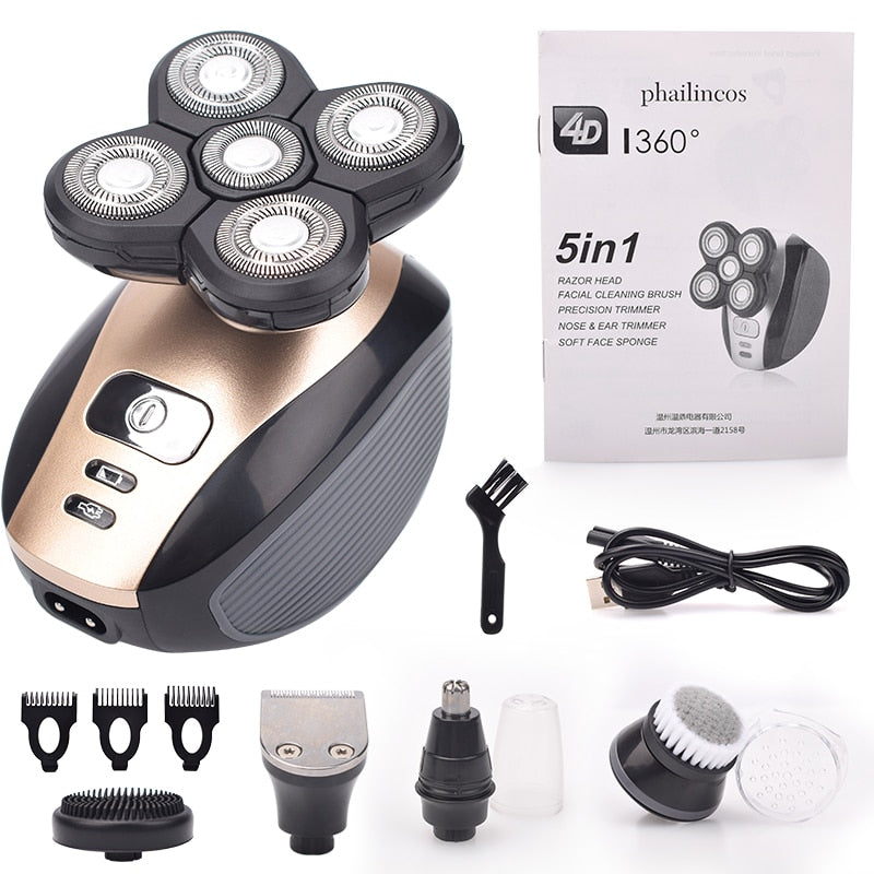 5 In 1 4D Men Rechargeable Bald Head Electric Shaver 5 Floating Heads Beard Nose Ear Hair Trimmer Razor Clipper Facial Brush Men Rechargeable Bald Head Electric Shaver DailyAlertDeals