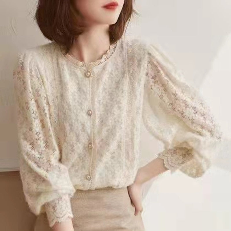 Elegant Lace Crochet Women's Blouse Sweet Autumn Vintage Flowers Button Shirt O Neck Casual Loose Long Sleeve Blouses Tops 16619 0 DailyAlertDeals Apricot S