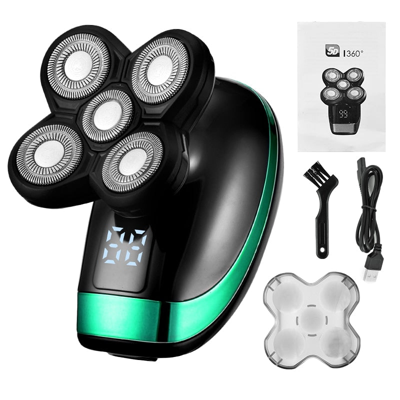 5 In 1 4D Men Rechargeable Bald Head Electric Shaver 5 Floating Heads Beard Nose Ear Hair Trimmer Razor Clipper Facial Brush Men Rechargeable Bald Head Electric Shaver DailyAlertDeals USA Standard-Green
