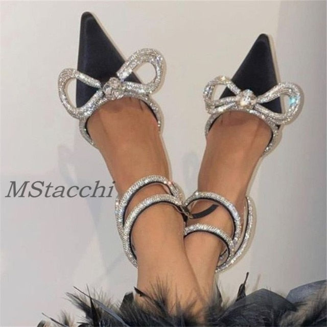 Glitter Rhinestones Women Pumps Crystal Bowknot Satin Sandals 2023 Summer Transparent Shoes High Heels Party Prom Designer Shoes DailyAlertDeals
