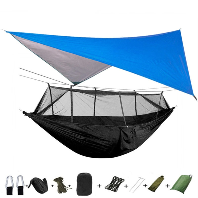 Lightweight Portable Camping Hammock and Tent Awning Rain Fly Tarp Waterproof Mosquito Net Hammock Canopy 210T Nylon Hammocks Camping Hammock and Tent DailyAlertDeals Blue and black