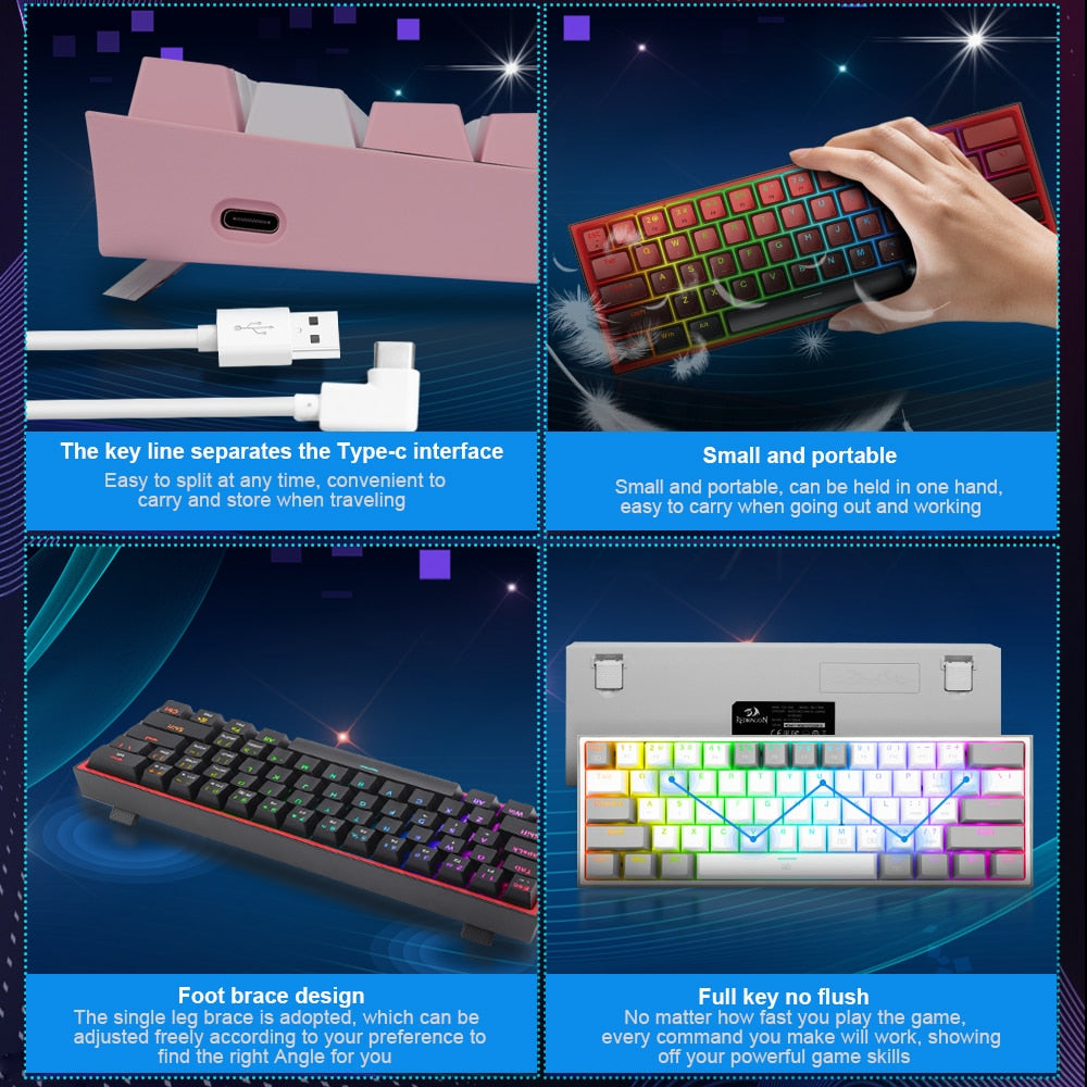 REDRAGON Fizz K617 RGB USB Mini Mechanical Gaming Wired Keyboard Red Switch 61 Key Gamer for Computer PC Laptop detachable cable Keyboard DailyAlertDeals