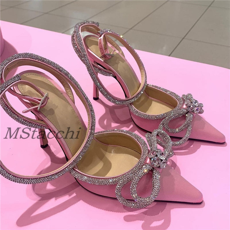 Glitter Rhinestones Women Pumps Crystal Bowknot Satin Sandals 2023 Summer Transparent Shoes High Heels Party Prom Designer Shoes DailyAlertDeals Pink 35