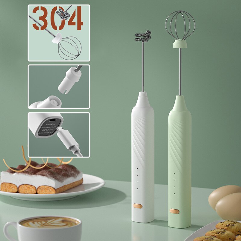 2 In 1 Exchangeable Stirring Heads Handheld Electric Milk Frother 3 Speeds Coffee Mixer Egg Beater Rechargeable Foam Maker Tools Electric Milk Frother DailyAlertDeals