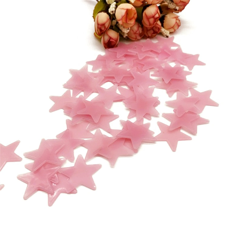 100Pcs 3D Star Wall Stickers Glow In The Dark Energy Storage Fluorescent Luminous Wall Art Decor Kids Living Room Decoration Decorative wall Stickers DailyAlertDeals Pink