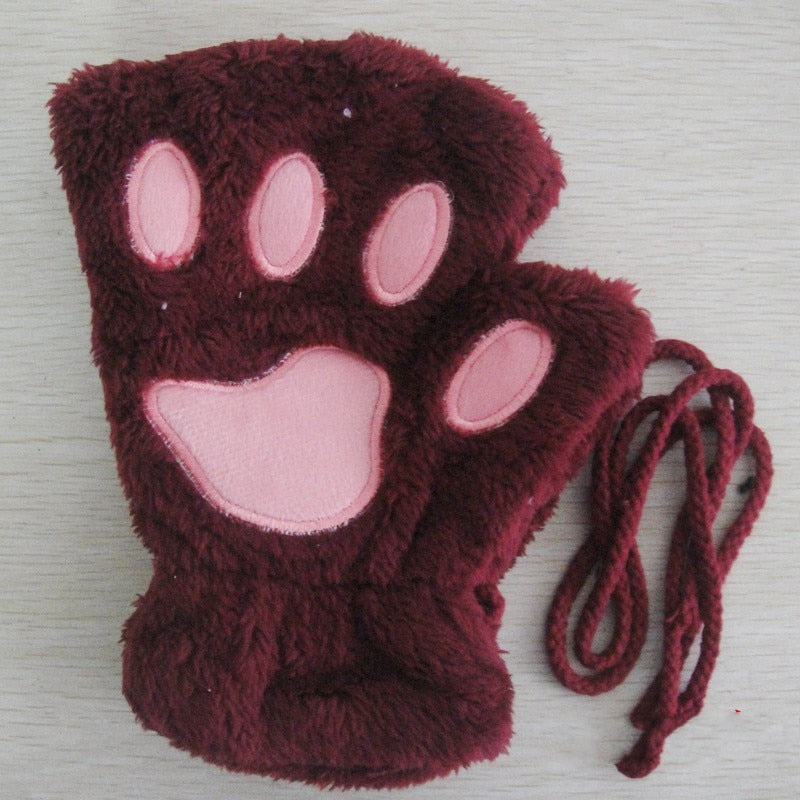 Fashion Girls Lovely Cat Claw Paw Plush Mittens Warm Soft Plush Short Fingerless women Leisure Bear Cat Gloves Half Finger Gifts Paws Gloves DailyAlertDeals wine red One Size