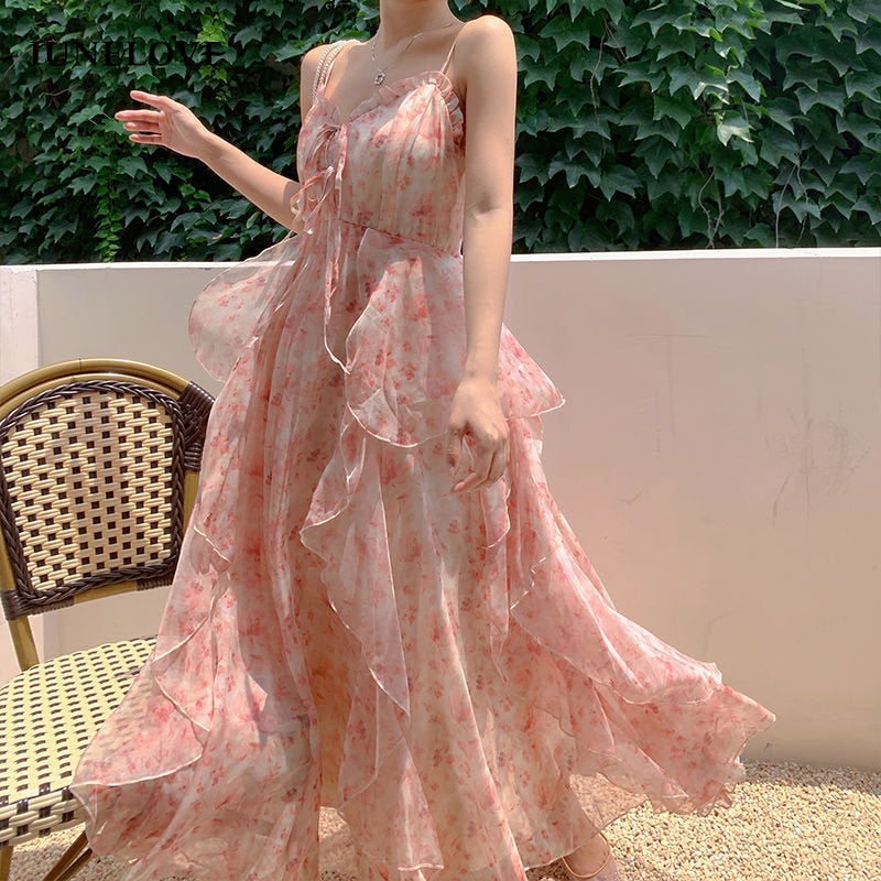 Elegant Chiffon Print Dress Women Retro Sexy Sweet Fit Chic Spaghetti Strap Lace-up Corset Dress Holiday Beach Summer Dress 2022 0 DailyAlertDeals