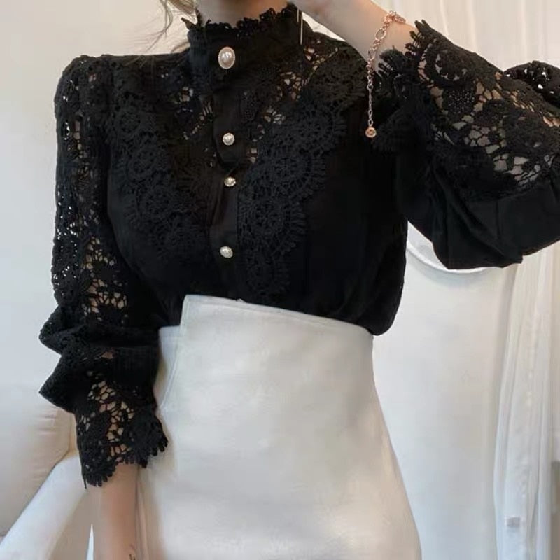 Vintage Solid White Lace Blouse Shirts Women New Korean Button Loose Shirt Tops Female Hollow Casual Ladies Blouses Blusas 12928 0 DailyAlertDeals