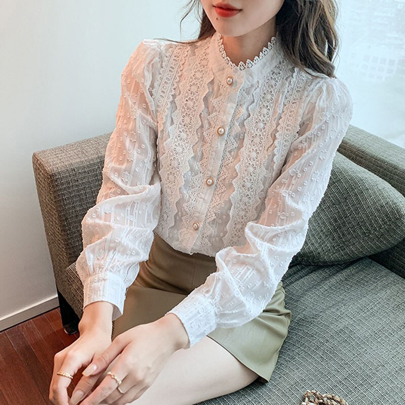 Lace White Blouse Women Shirt Vintage Long Sleeve Blouse Women Blusas Mujer De Moda 2022 Stand Collar Elegant Blouses Tops 19641 0 DailyAlertDeals