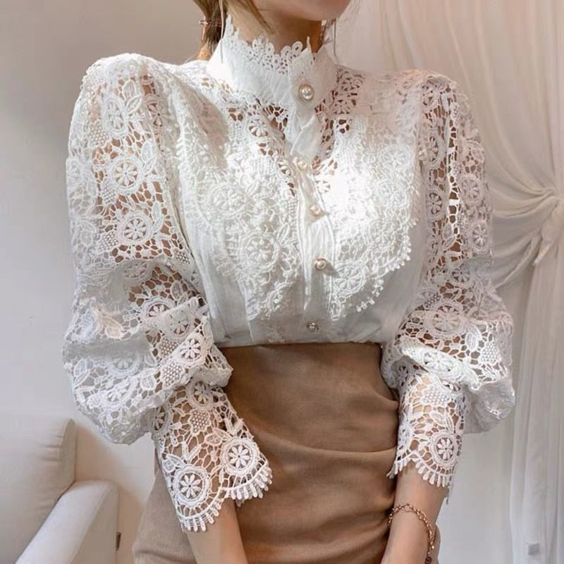 Vintage Solid White Lace Blouse Shirts Women New Korean Button Loose Shirt Tops Female Hollow Casual Ladies Blouses Blusas 12928 0 DailyAlertDeals
