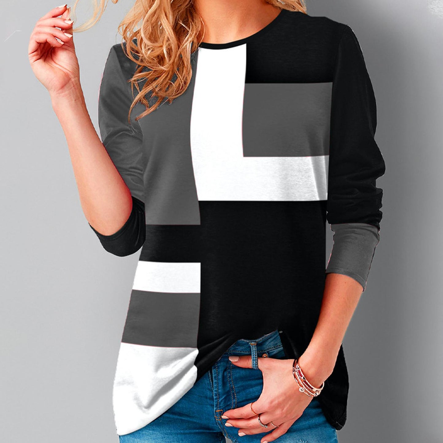 Women Loose Casual Round Neck Geometric Print Long Sleeve Plus Size Autumn Tshirt Tops Blouses 0 DailyAlertDeals Grey S
