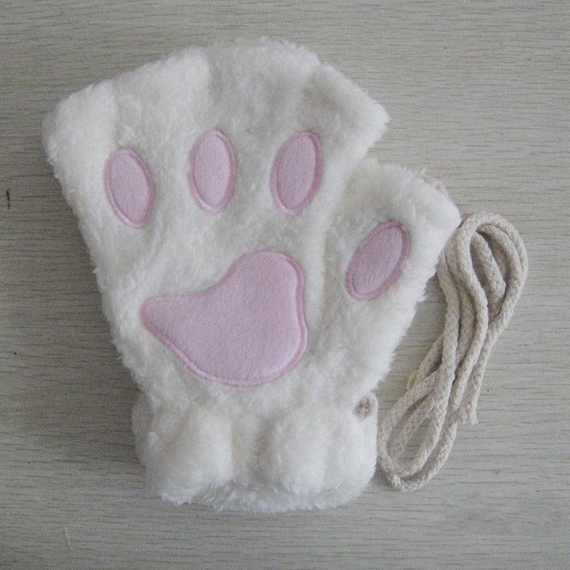 Fashion Girls Lovely Cat Claw Paw Plush Mittens Warm Soft Plush Short Fingerless women Leisure Bear Cat Gloves Half Finger Gifts Paws Gloves DailyAlertDeals white One Size