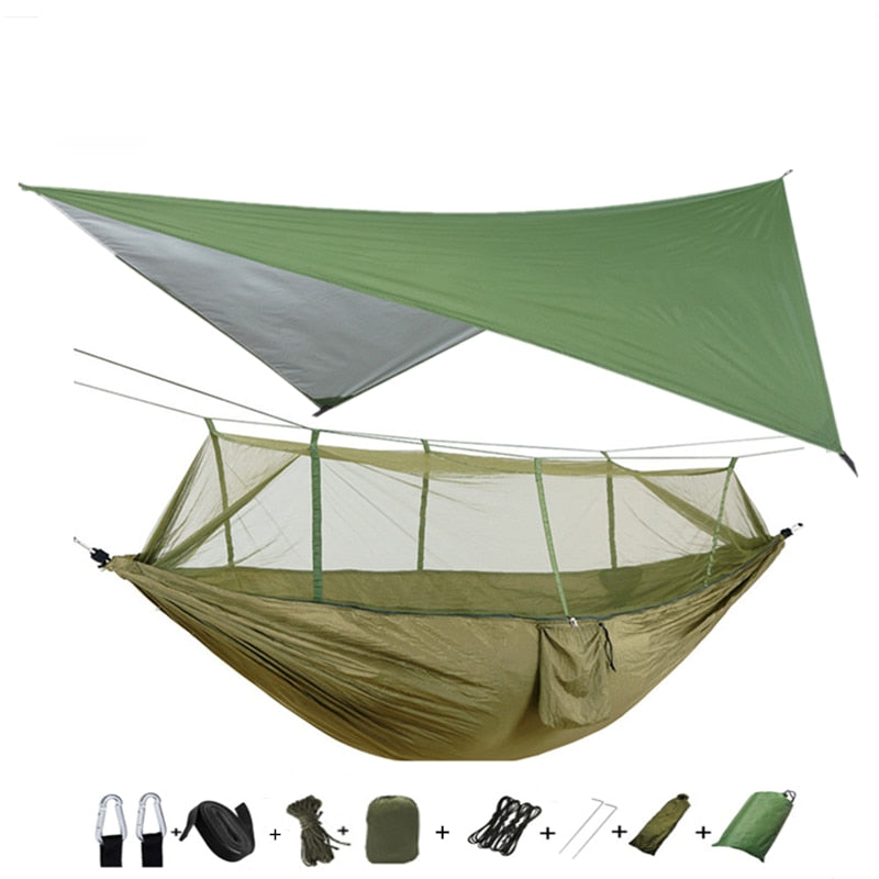 Lightweight Portable Camping Hammock and Tent Awning Rain Fly Tarp Waterproof Mosquito Net Hammock Canopy 210T Nylon Hammocks Camping Hammock and Tent DailyAlertDeals Green and green