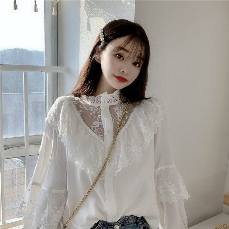Autumn Korean Sweet Loose Clothes Lace Up Ruffled Women Blouses Fashion Stand Collat Ladies Tops Vintage Lace Shirts Women 11335 0 DailyAlertDeals