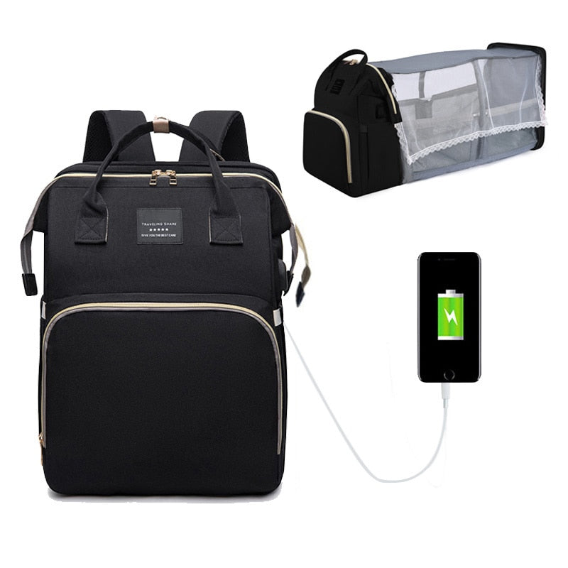 Folding Mommy Bag Lightweight Portable Folding Crib Bed Large-capacity Baby Backpack Female Mommy Outting Bag Mummy Bag Baby Backpack Large-capacity DailyAlertDeals Black silk screen China