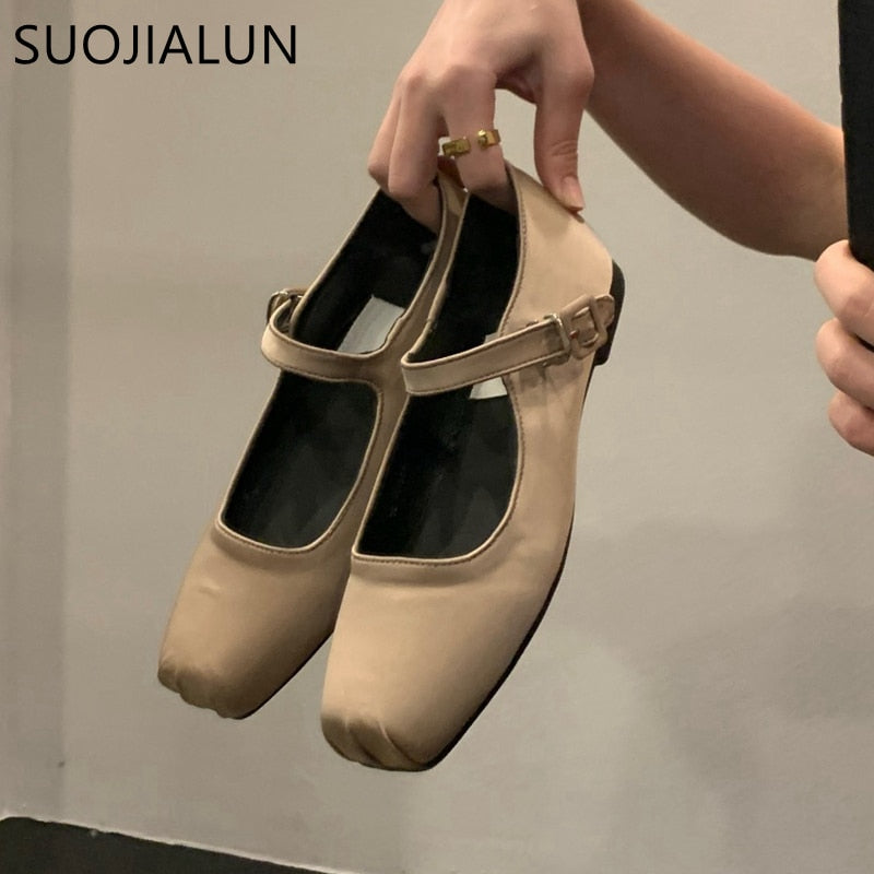 SUOJIALUN 2023 Spring New Women Flat Shoes Fashion Silk Square Toe Shallow Ladies Ballet Shoes Soft Casual Flat Mary Jane Shoes 0 DailyAlertDeals