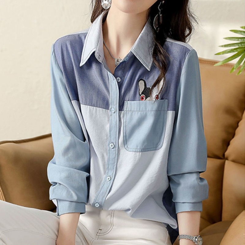 Office Lady Turn-down Collar Button Patchwork Pockets Spring Autumn Women's Clothing Fashion Straight Loose Long Sleeved Blouses 0 DailyAlertDeals Sky Blue S