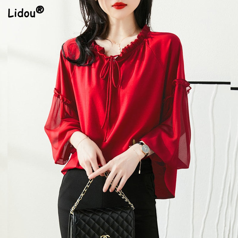 Elegant Fashion V-neck Loose Butterfly Sleeve Blouses Female Solid Color Chiffon Thin Shirts 6XL Oversize Women Clothing 2022 0 DailyAlertDeals Red L