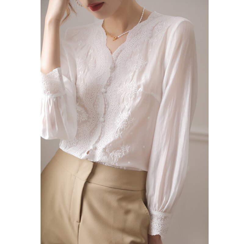 Vintage Embroidered Women Blouse Fashion New V Neck Long Sleeve Shirt Tops Women Loose Sweet Elegant Lace Blouses Female 18016 0 DailyAlertDeals White S