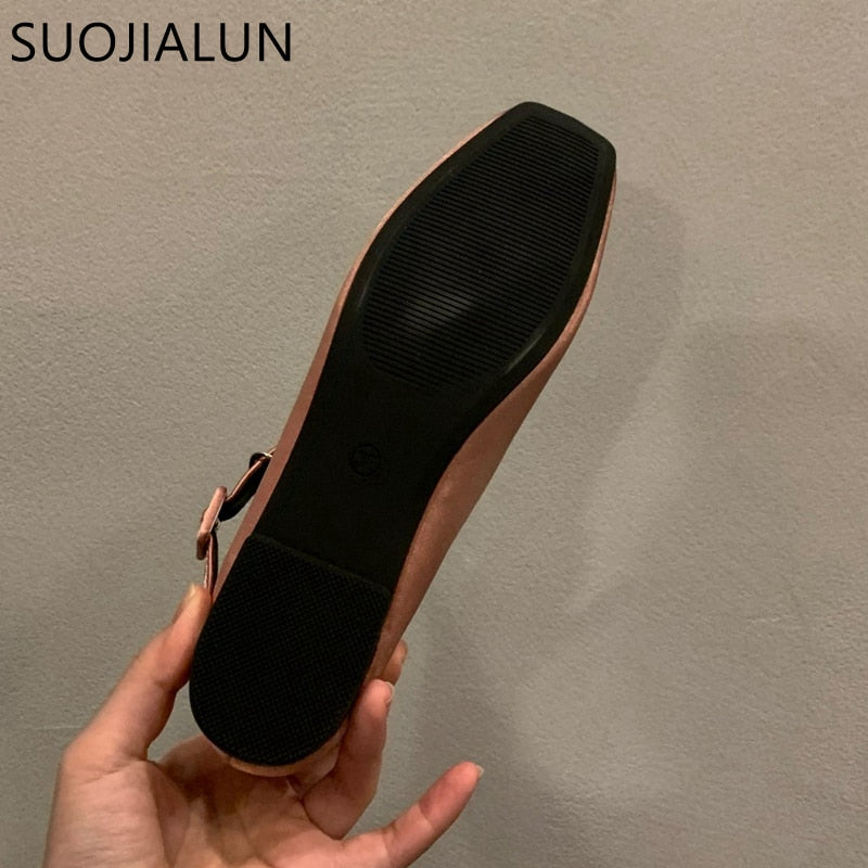 SUOJIALUN 2023 Spring New Women Flat Shoes Fashion Silk Square Toe Shallow Ladies Ballet Shoes Soft Casual Flat Mary Jane Shoes 0 DailyAlertDeals