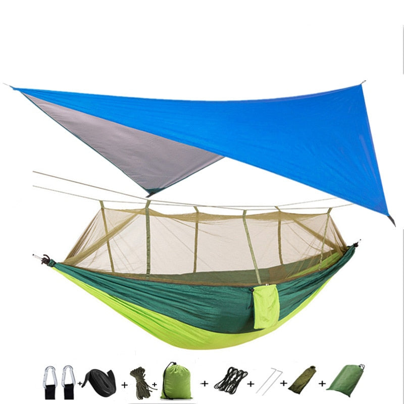Lightweight Portable Camping Hammock and Tent Awning Rain Fly Tarp Waterproof Mosquito Net Hammock Canopy 210T Nylon Hammocks Camping Hammock and Tent DailyAlertDeals Blue and lightgreen