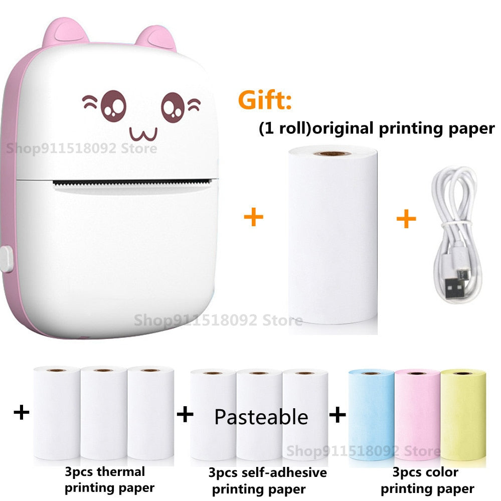 Cat Shape Mini Portable Label Printer Thermal Printing Wireless Impresoras Paper Photo Inkless Printers Sticker Android IOS 57mm Mini printer DailyAlertDeals A-Pink and each 3pcs China