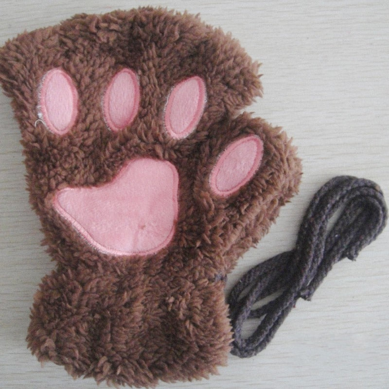 Fashion Girls Lovely Cat Claw Paw Plush Mittens Warm Soft Plush Short Fingerless women Leisure Bear Cat Gloves Half Finger Gifts Paws Gloves DailyAlertDeals light coffee One Size