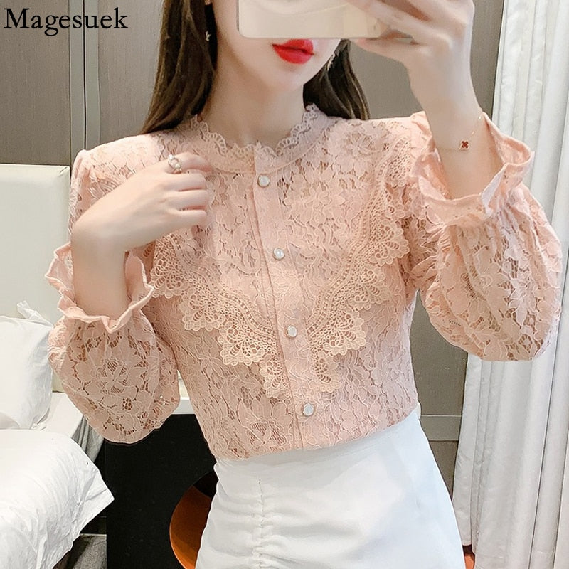 Fashion New Elegant Lace Shirt Women Long Sleeve White Blouse Women Slim Hollow Out Stand Collar Blouses Tops Woman Blusas 17246 0 DailyAlertDeals