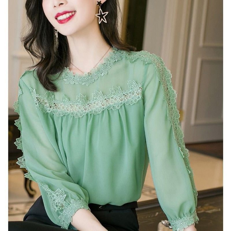 Elegant O-Neck Spliced Chiffon Hollow Out Lace Blouse Women's Clothing 2022 New Casual Pullovers Commute Lantern Sleeve Shirt 0 DailyAlertDeals Green XS