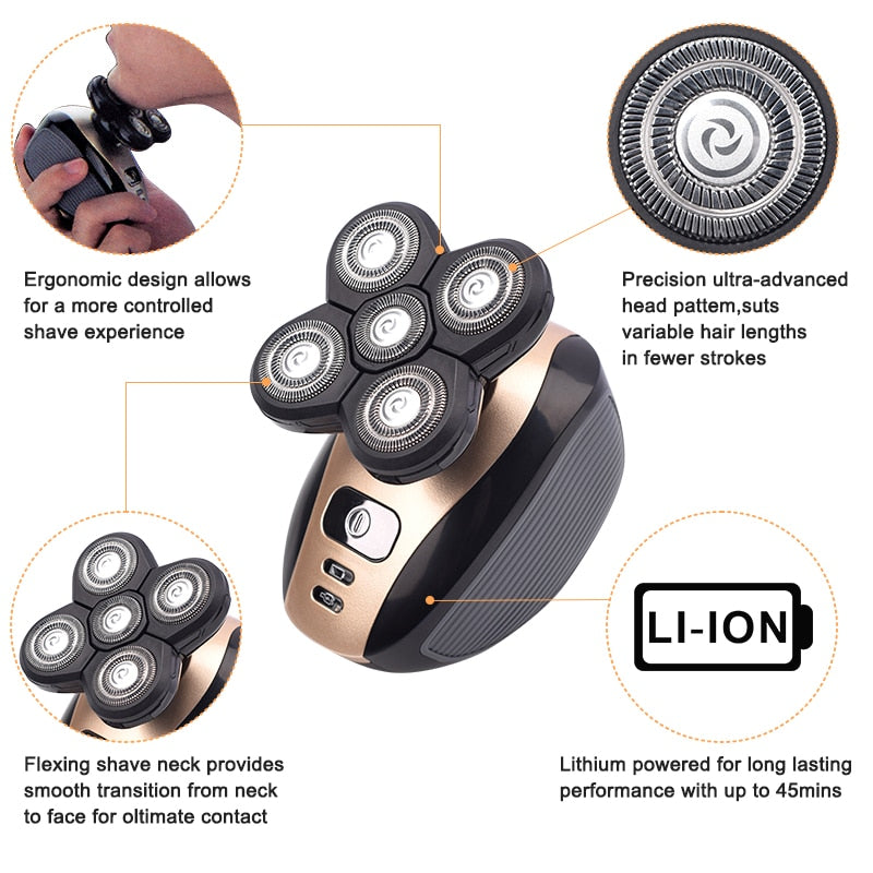 5 In 1 4D Men Rechargeable Bald Head Electric Shaver 5 Floating Heads Beard Nose Ear Hair Trimmer Razor Clipper Facial Brush Men Rechargeable Bald Head Electric Shaver DailyAlertDeals