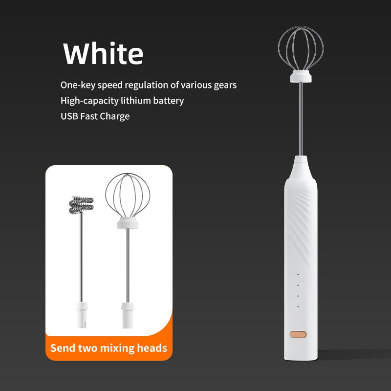 2 In 1 Exchangeable Stirring Heads Handheld Electric Milk Frother 3 Speeds Coffee Mixer Egg Beater Rechargeable Foam Maker Tools Electric Milk Frother DailyAlertDeals White