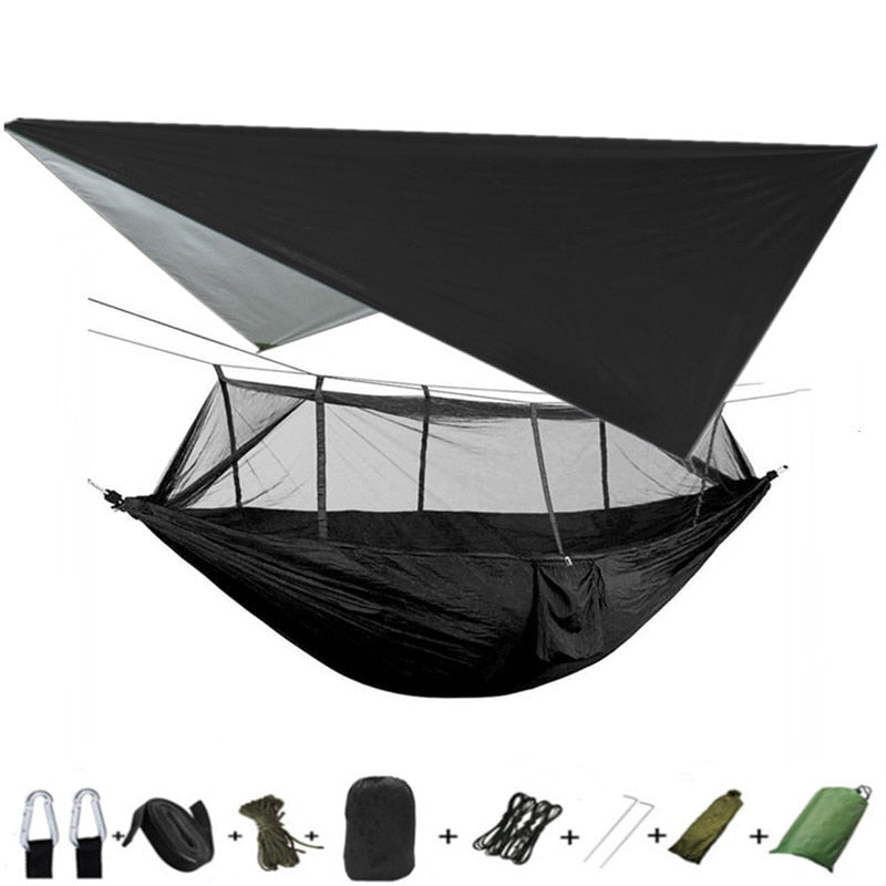 Lightweight Portable Camping Hammock and Tent Awning Rain Fly Tarp Waterproof Mosquito Net Hammock Canopy 210T Nylon Hammocks Camping Hammock and Tent DailyAlertDeals Black and black