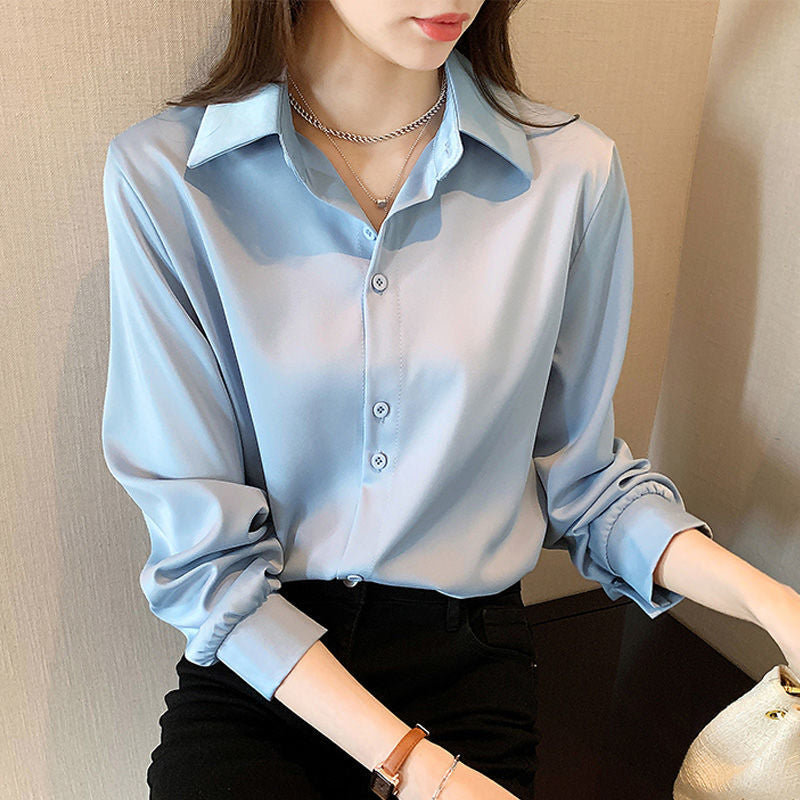 Elegant Fashion Korean White Long Sleeve Covered Button Comfortable Blouses Straight Loose Wild Solid Color Shirt Women Clothing 0 DailyAlertDeals Light Blue S