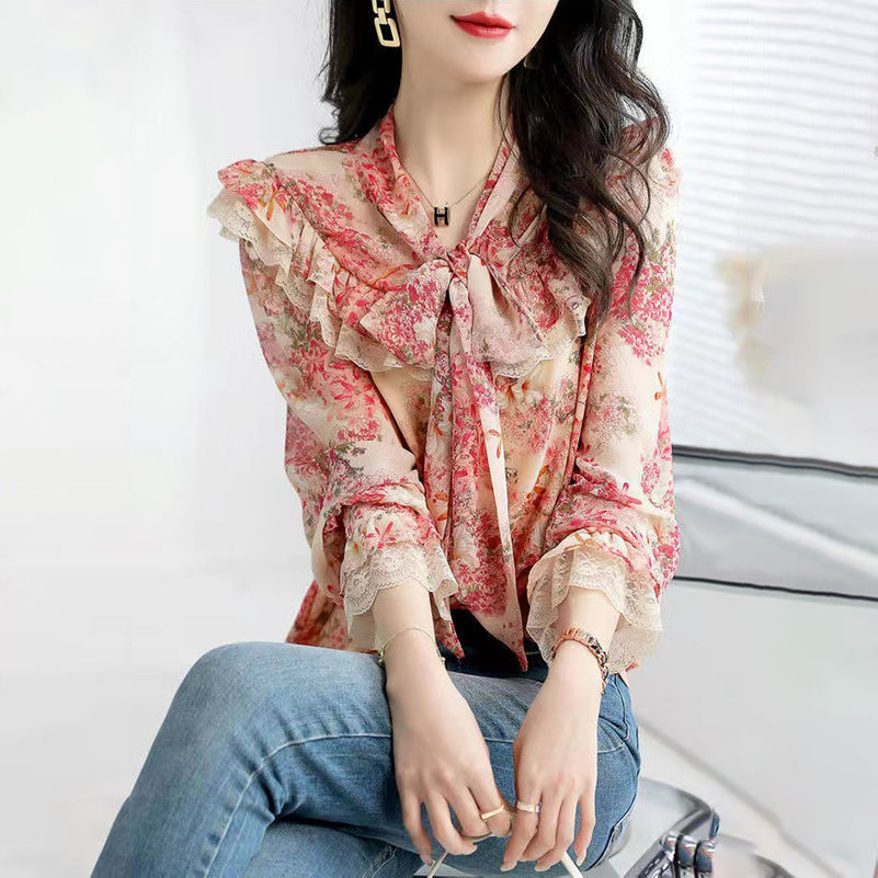 Elegant Fashion Bow Lace Chiffon Floral Blouse Woman 2022 Autumn New Office Lady Commute All-match Loose Printed Ruffles Shirts 0 DailyAlertDeals