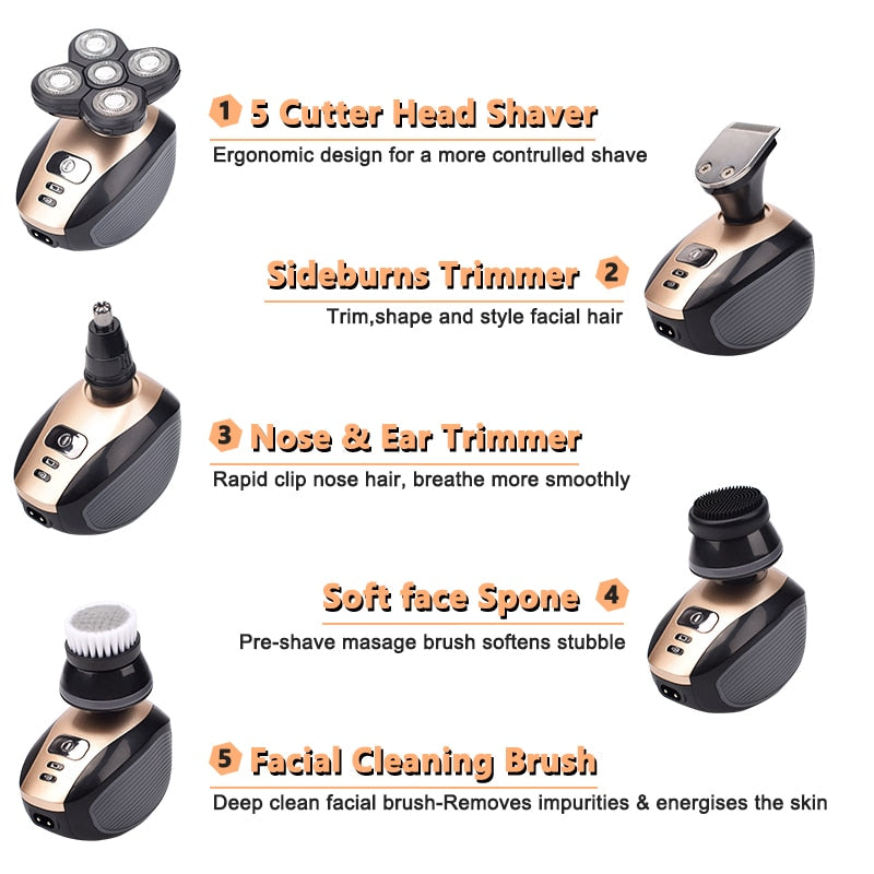 5 In 1 4D Men Rechargeable Bald Head Electric Shaver 5 Floating Heads Beard Nose Ear Hair Trimmer Razor Clipper Facial Brush Men Rechargeable Bald Head Electric Shaver DailyAlertDeals