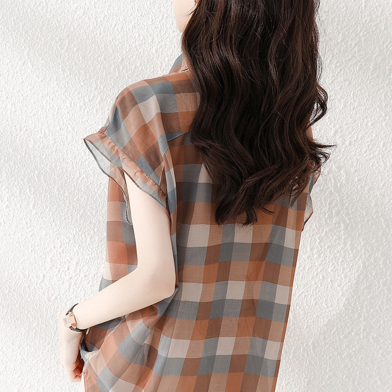 Fashion Plaid Printed Lapel Button Short Sleeve Chiffon Blouse Summer Plus Size Commute Tops Loose Casual Women Clothing Shirt 0 DailyAlertDeals
