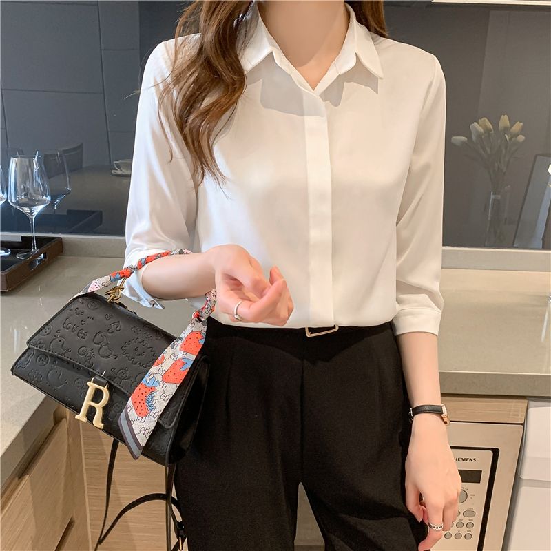 Office Lady Solid Color Blouses Button Turn-down Collar Simple Loose Shirts Tops Women Spring Autumn New Grace Trend Clothing 0 DailyAlertDeals White S