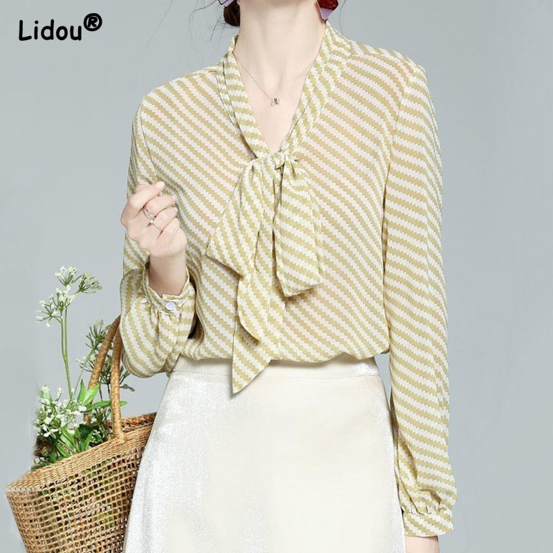 Chiffon Thin Bow V-neck Striped Print Long Sleeve Blouses Pullover Loose Casual Shirts Fashion Popularity Wild Women's Clothing 0 DailyAlertDeals