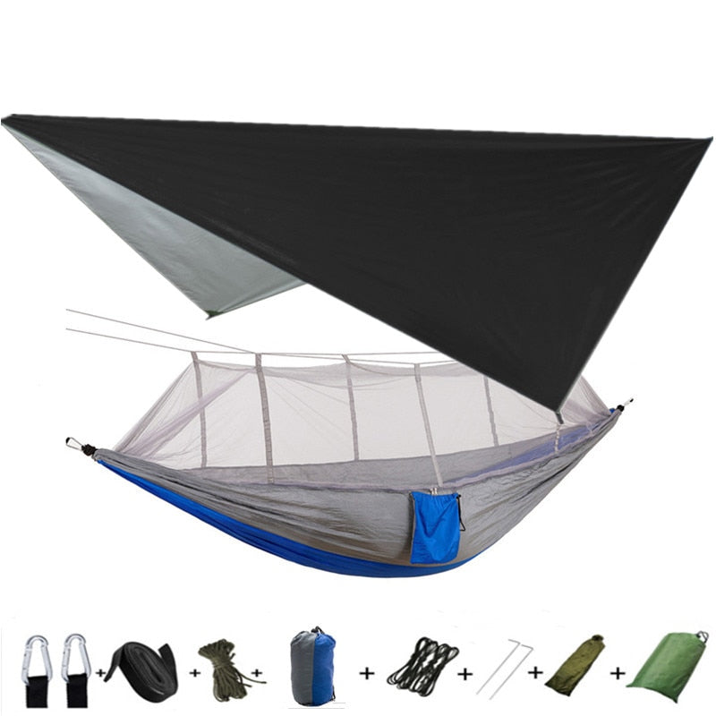 Lightweight Portable Camping Hammock and Tent Awning Rain Fly Tarp Waterproof Mosquito Net Hammock Canopy 210T Nylon Hammocks Camping Hammock and Tent DailyAlertDeals Black and grey