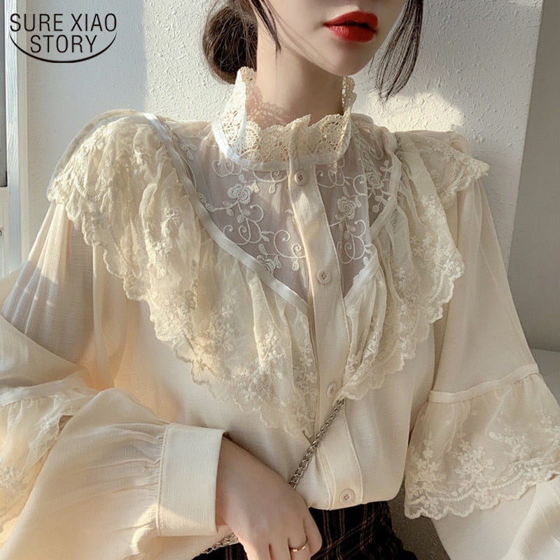 Autumn Korean Sweet Loose Clothes Lace Up Ruffled Women Blouses Fashion Stand Collat Ladies Tops Vintage Lace Shirts Women 11335 0 DailyAlertDeals