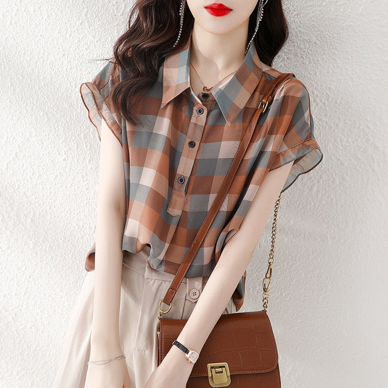 Fashion Plaid Printed Lapel Button Short Sleeve Chiffon Blouse Summer Plus Size Commute Tops Loose Casual Women Clothing Shirt 0 DailyAlertDeals