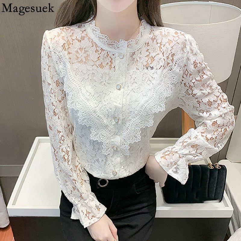 Fashion New Elegant Lace Shirt Women Long Sleeve White Blouse Women Slim Hollow Out Stand Collar Blouses Tops Woman Blusas 17246 0 DailyAlertDeals