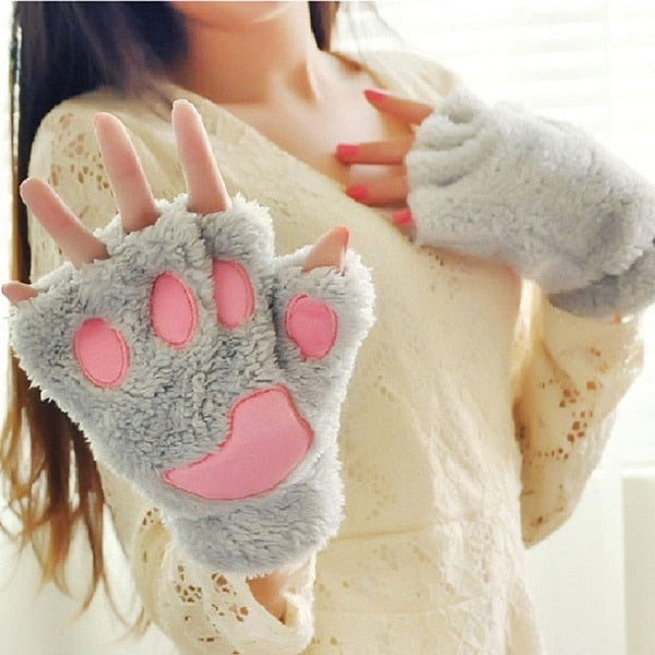 Fashion Girls Lovely Cat Claw Paw Plush Mittens Warm Soft Plush Short Fingerless women Leisure Bear Cat Gloves Half Finger Gifts Paws Gloves DailyAlertDeals