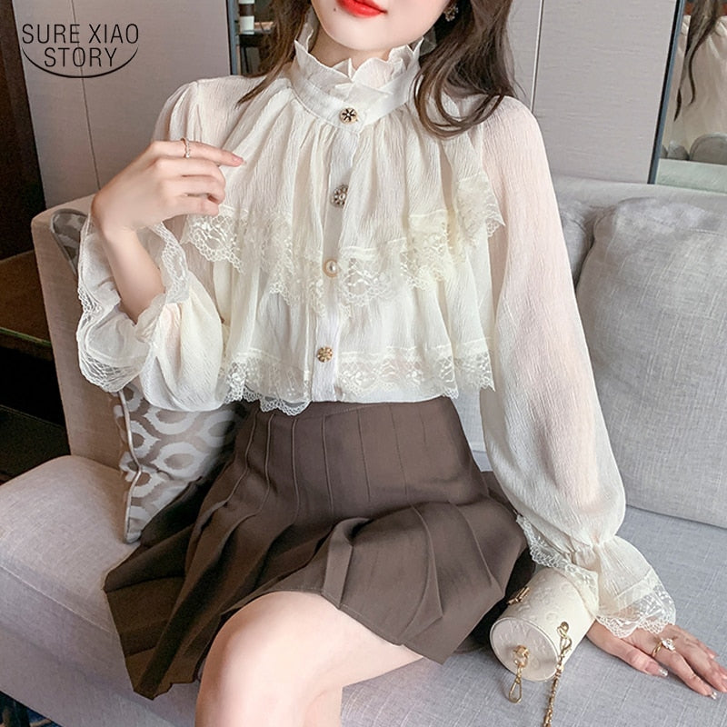 Fashion Korean Blouse Women Blusas Stand Collar Chiffon Shirts Long Sleeve 0 DailyAlertDeals
