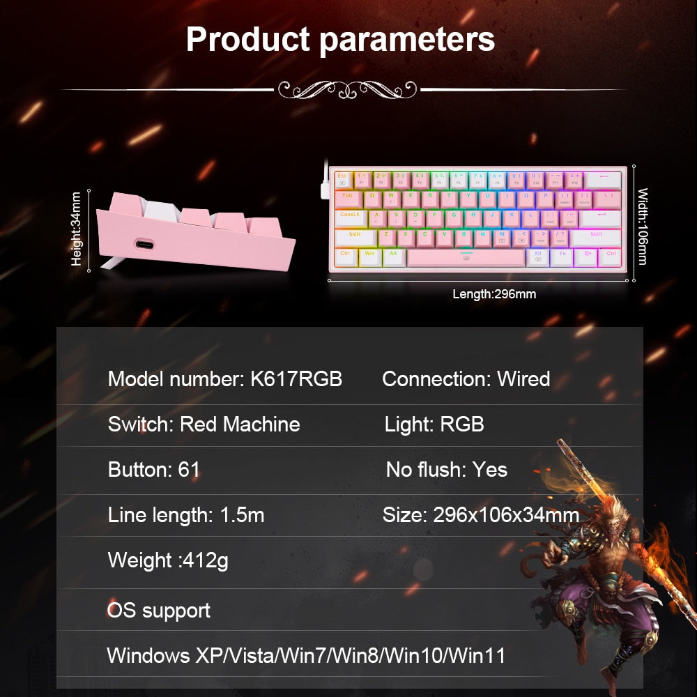 REDRAGON Fizz K617 RGB USB Mini Mechanical Gaming Wired Keyboard Red Switch 61 Key Gamer for Computer PC Laptop detachable cable Keyboard DailyAlertDeals