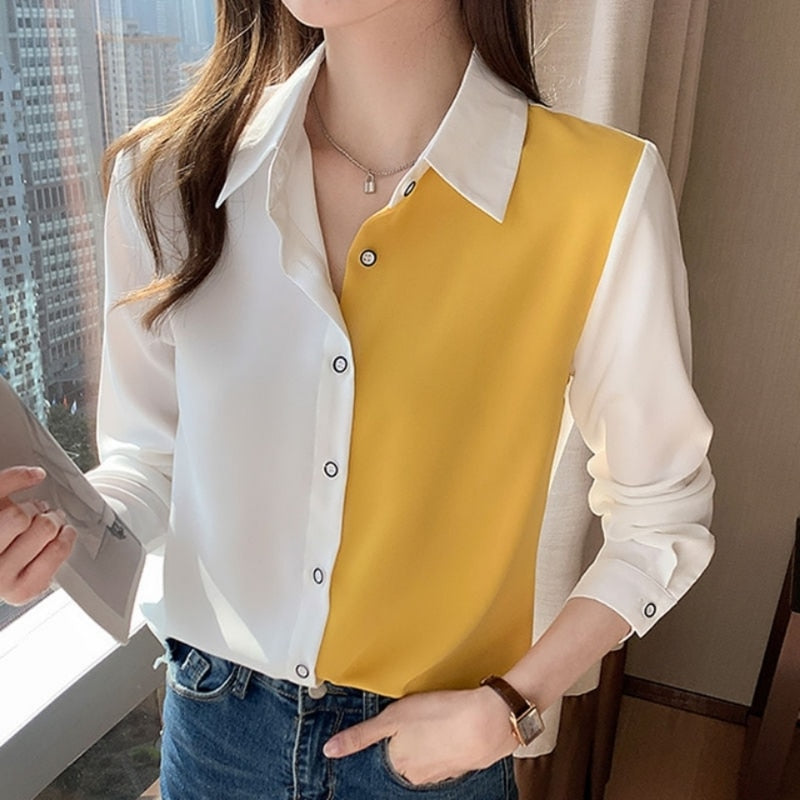 Office Lady Solid Color Blouses Button Turn-down Collar Simple Loose Shirts Tops Women Spring Autumn New Grace Trend Clothing 0 DailyAlertDeals bright yellow S
