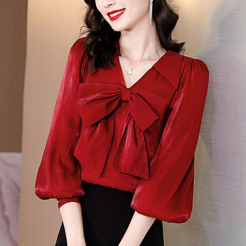 Elegant Fashion Bow Lantern Long Sleeve Shirt Woman Clothing 2022 Spring New Office Lady V-Neck Loose Oversized Commuter Blouse 0 DailyAlertDeals Red XS