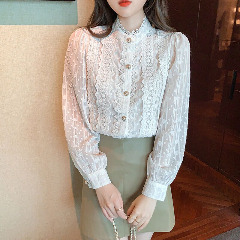 Lace White Blouse Women Shirt Vintage Long Sleeve Blouse Women Blusas Mujer De Moda 2022 Stand Collar Elegant Blouses Tops 19641 0 DailyAlertDeals White S