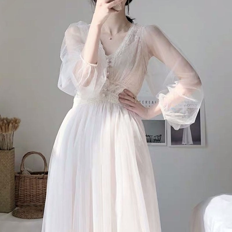 2022 Women Spring New Dress Vintage Elegant with Button A-Line Dress Solid Puff Sleeve Lace Voile Mesh Dress Women Vestidos 8126 0 DailyAlertDeals